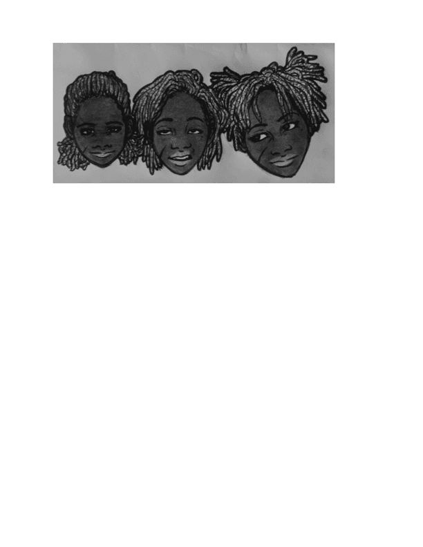 Zahira face study — three iterations exploring Sumerian phenotype with locs/dreads variants. Author-canonical visual reference for Zahira head/face.