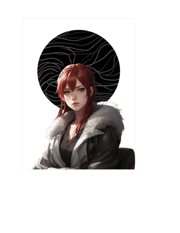 p042 — Raihīme Purna full color portrait (long red hair high ponytail, striking green eyes, freckles, fur-collared grey/white jacket, dark wave-pattern halo). Canonical-art series style. Source: master PDF p042 (sweep B4). [Storage URL pending UI-prep #26. Origin=ai_generated based on rendering style — adjust to commissioned if Chad sourced externally.]