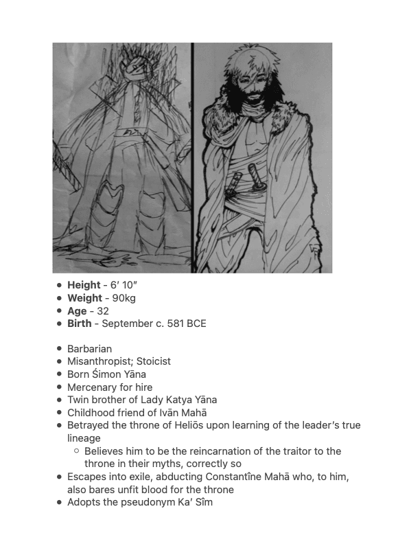 Ka'Sîm — two-panel study. Left panel: silhouetted hooded mercenary presentation. Right panel: bearded warrior with fur-trimmed cloak and twin sword hilts at the waist.